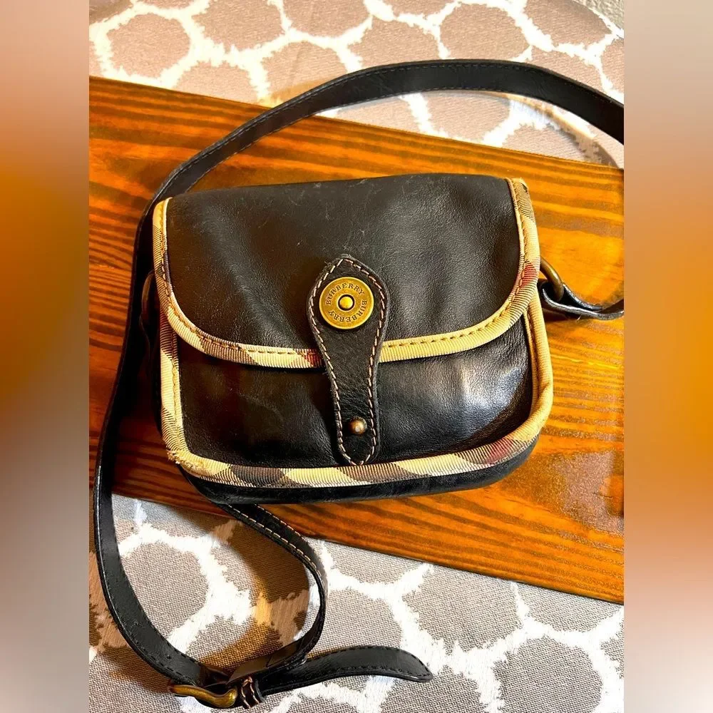 Burberry Vintage Black Crossbody Bag with Nova Check trim magnetic snap on flap